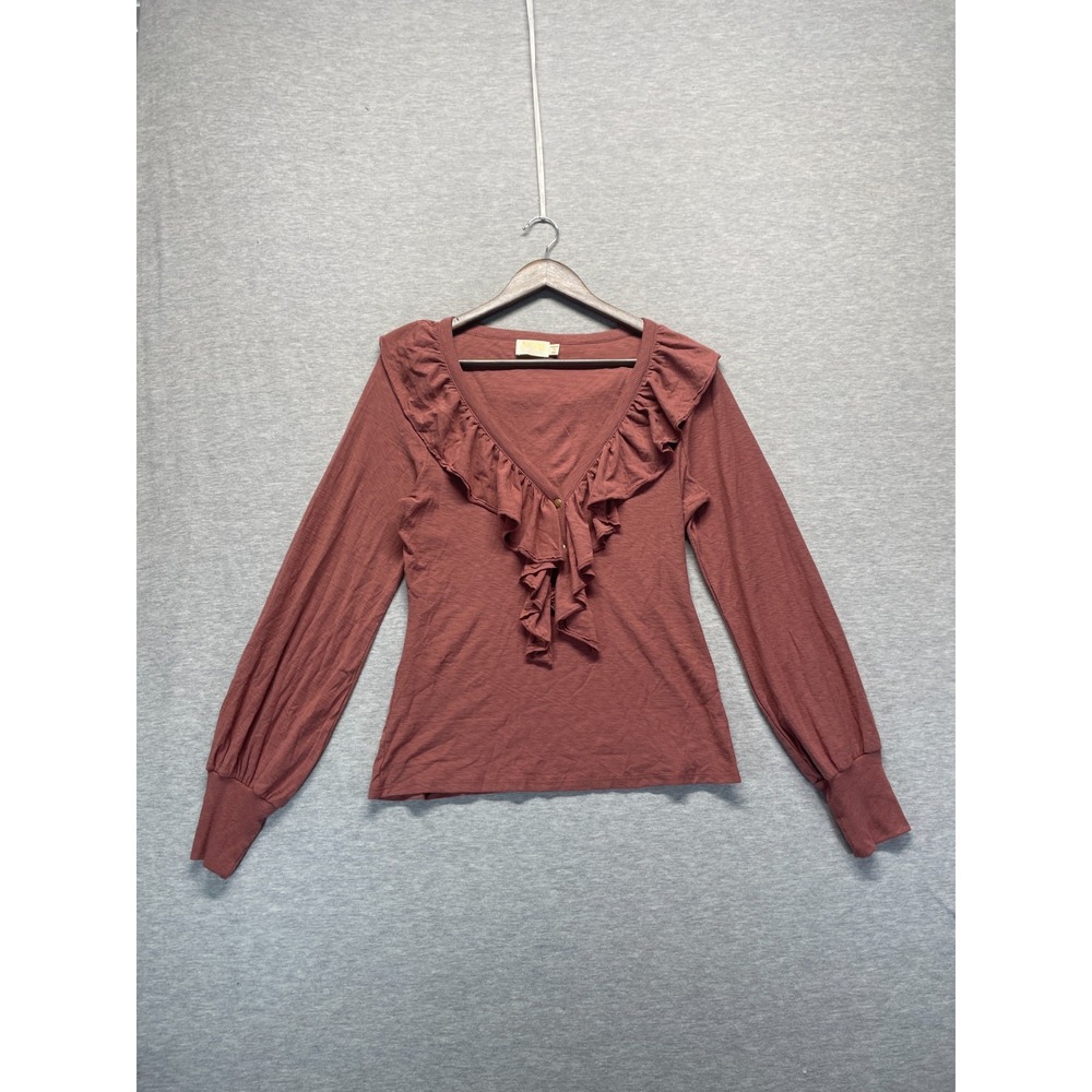 Nation LTD Los Angeles Blouse Top Womens M Rust Brown Pima Cotton Ruffled V-Neck